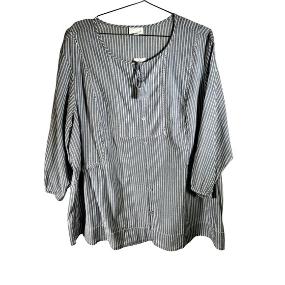 J.Jill Women’s 3X Tie-Front Top Seaport/White Stripe 100% Cotton Long Sleeve NWT - Picture 1 of 10